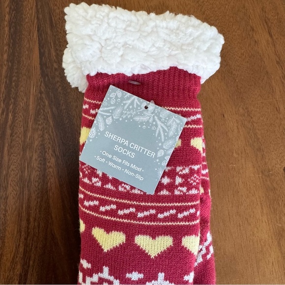 French Dog Sherpa Critter Socks - Red, yellow, white, and Gray tones OS - Picture 2 of 3